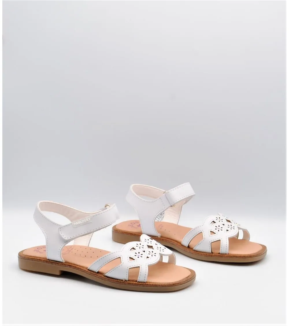 SANDALIAS NIÑA PABLOSKY VELCRO BLANCA FLOR BRILLO PLATA