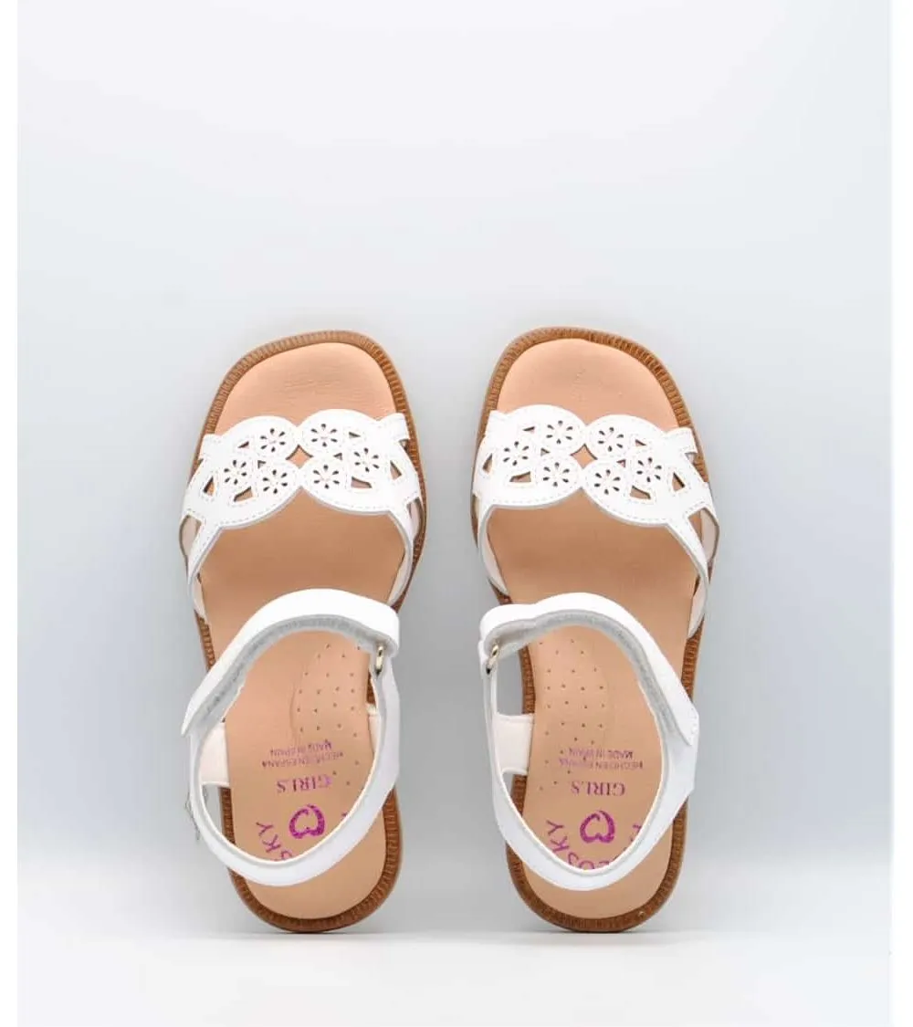 SANDALIAS NIÑA PABLOSKY VELCRO BLANCA FLOR BRILLO PLATA