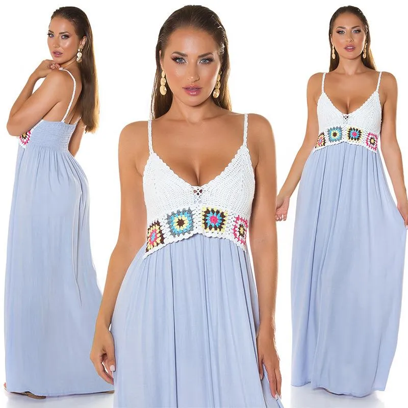 Vestido largo Bordado Boho Azul