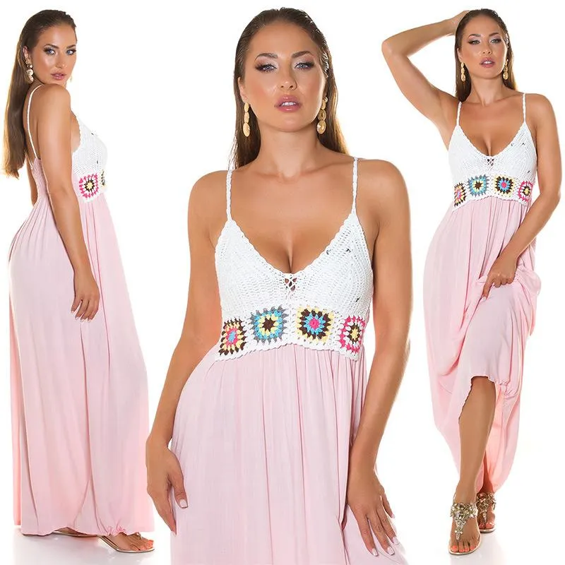 Vestido largo Bordado Boho Rosa