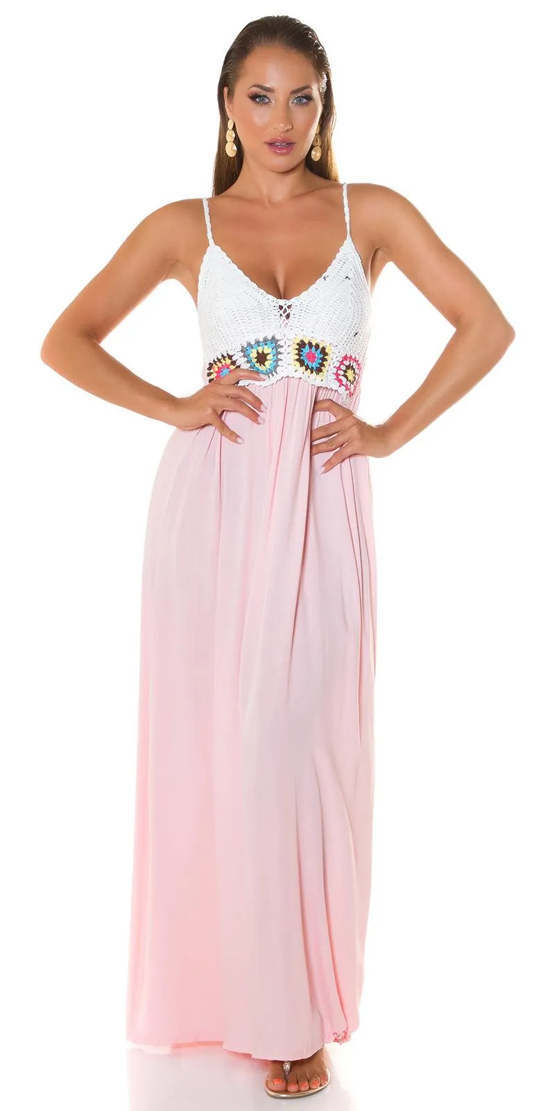 Vestido largo Bordado Boho Rosa